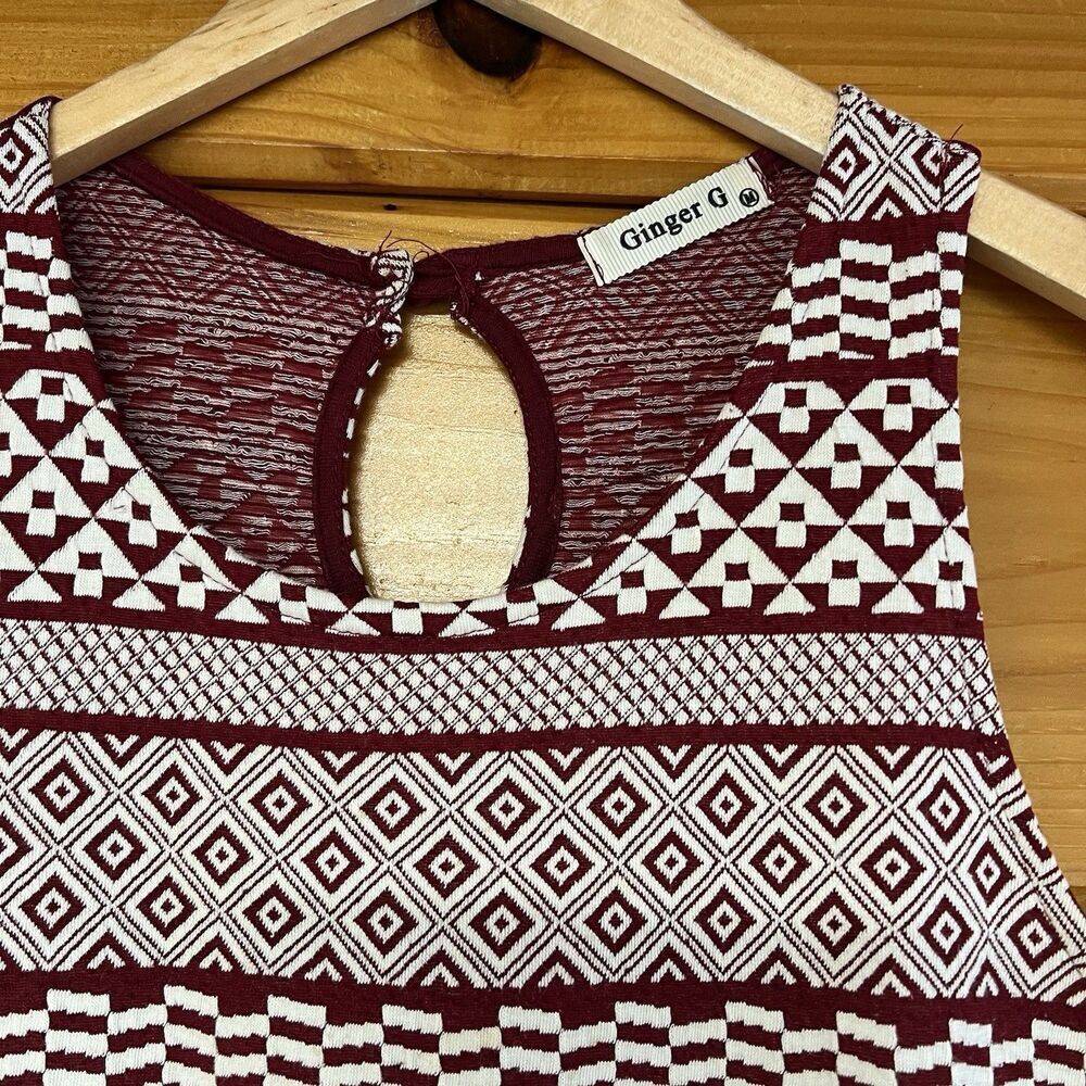 Ginger G Sleeveless Midi Dress Maroon and White Aztec Print Women's Medium Aline - Picture 2 of 5